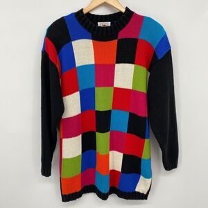 Vintage 90s Sweater Jumper Size‎ Medium Color Block Shoulder Pad Check Pullover